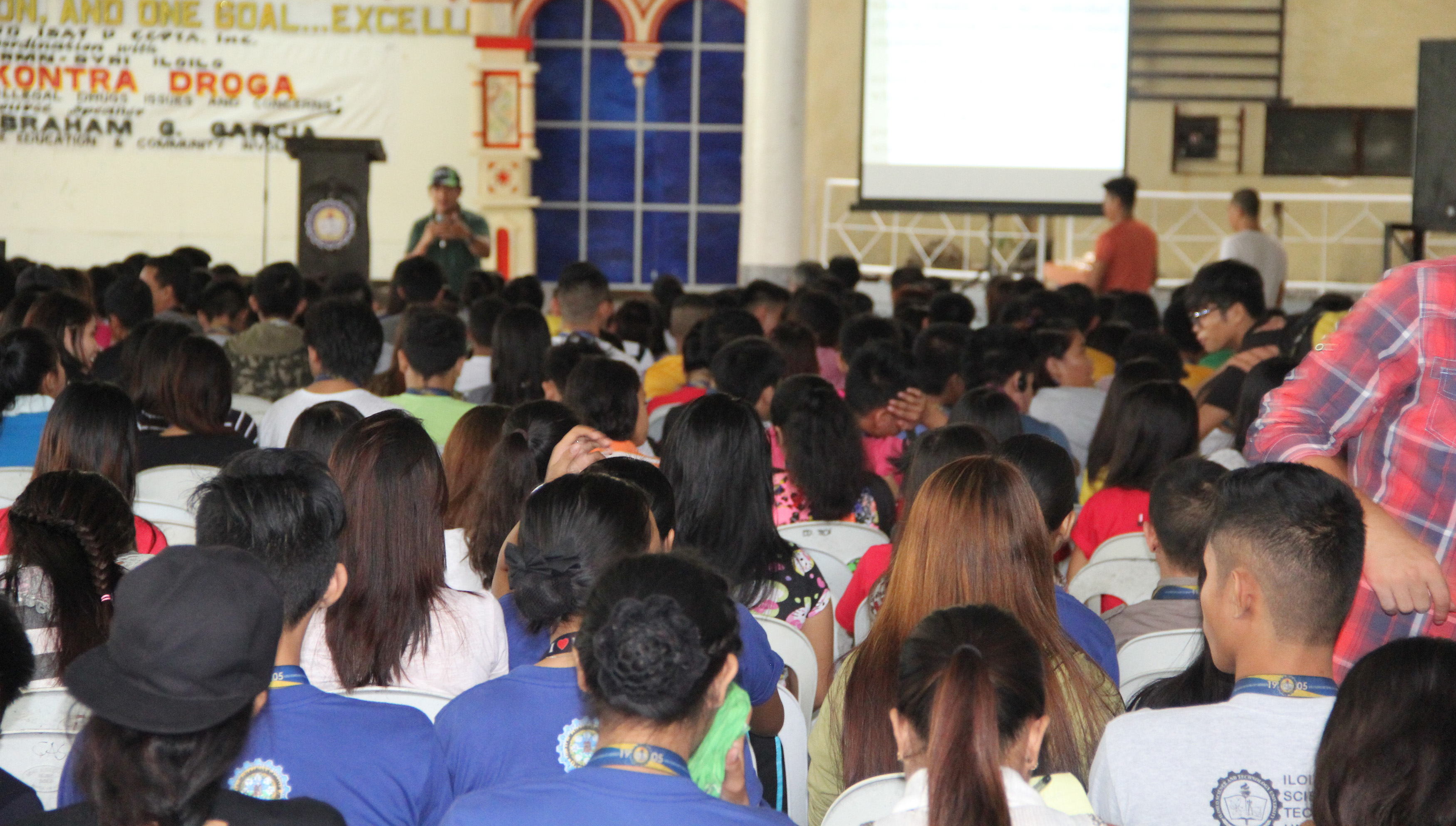 Mr David Abraham G. Garcia, PIO, PDEA 6 speaks befor the sudents during the Anti-Illegal Drugs Symposium at the Multi-Purpose Educational Center.