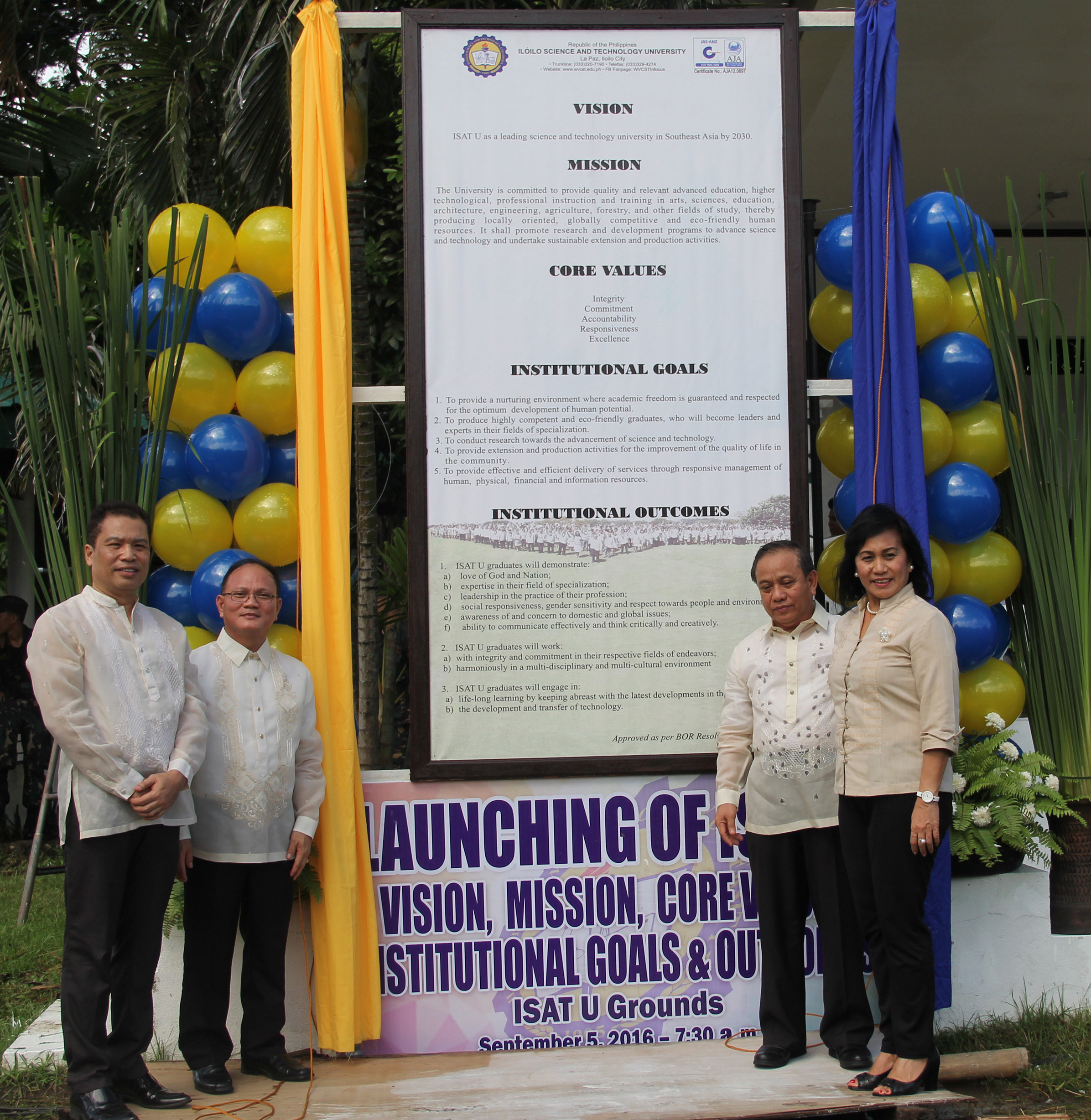 Top University Officals unveils and launches the New Vision, Mission, Core Values, Institutional Goals and Institutional Outcomes, From left, VP for Research and Extension Dr. Carmelo V. Ambut, ISAT U Pres. Dr. Raul F . Muyong, VP for Academic Affairs Dr. Manuel A. Sanchez, Jr. and VP for Administration and Finance Dr. Nehema K. Misola.