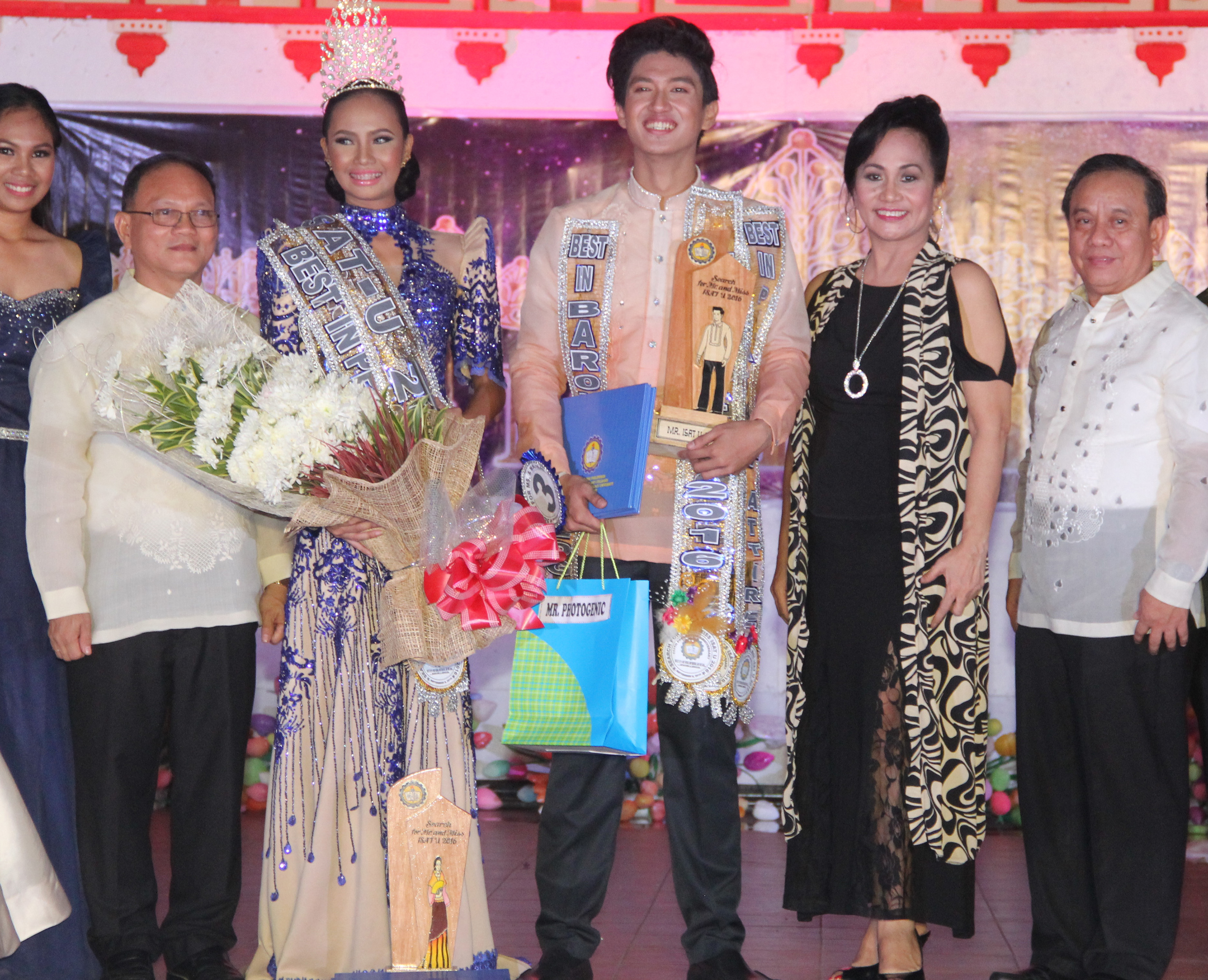 From, left, Dr. Raul F. Muyong , Miss ISAT U 2016 Lynie Rose Rodriquez, Mr. ISAT U 2016 Don Dave Dedios, Dr. Nehema K. Misola, Dr. Manuel A Sanchez, Jr. pose before the camera after the awarding ceremony.