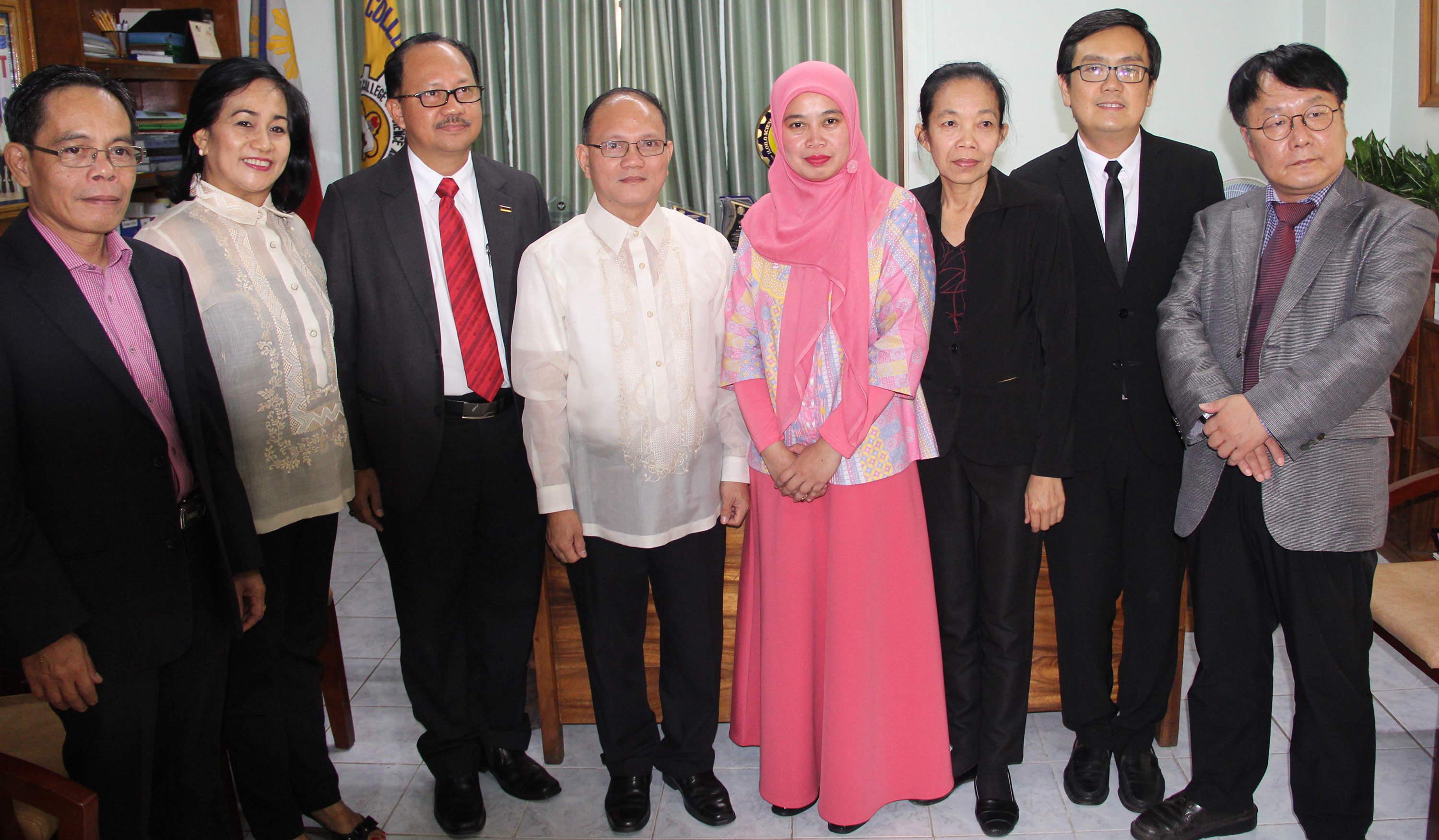 The delegates from the six-member nations of Asia-Pacific Network Sector of Technical Vocational Education and Training (TVET) during a courtesy visit at the Office of the University President. From left, Dr. Manuel de la rosa of UNEVOC Philippines manila Center. ISAT U VPAF Dr. Nehema K. Misola, Asso. Prof. Razzal Hassan of Malaysia, ISAT U Pres. Dr. Raul F. Muyong, Anita Widiawati of UNEVOC Indonesia, Deputy Director Nivone Moungkhounsavath of Laos, Mr. Panyachart Wongpanya , OVEC Thailand and Dr. Hwang Gyu-Hee of the Korean Research Institute for Vocational Education and Training (KTIVET) Center for Global Cooperation.