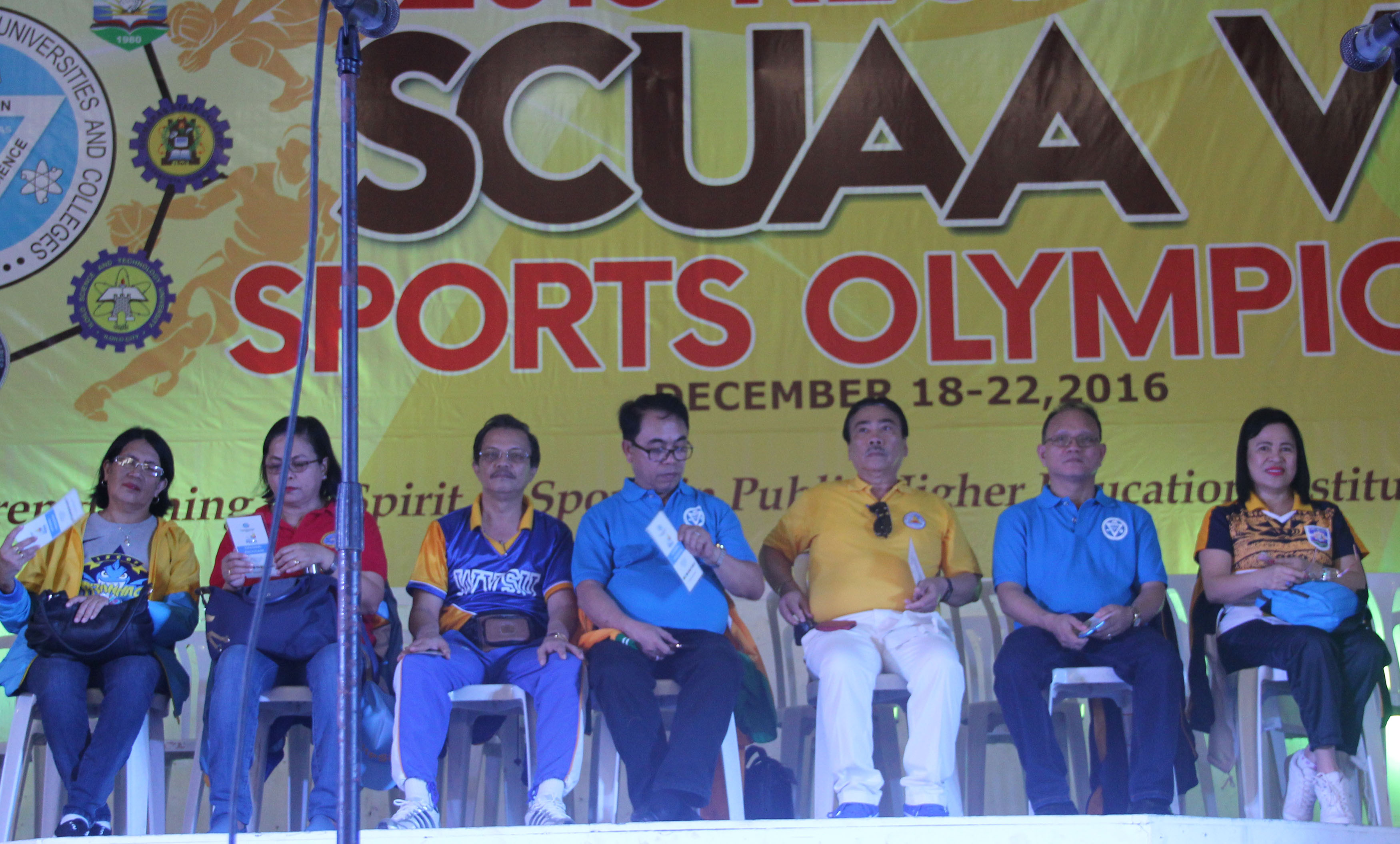 The Philippine Association of State Universities and Colleges (PASUC) VI presidents at the opening program of SCUAA 2016. From left, Dr. Theresa Palmares-Nothern iloilo Polytechnic State College, Dr. Percy Perez, tate College of Fisherires, Dr. Luis T. Sorolla- West Visayas State University, Dr. Danilo E. Abayon, Aklan State University, Dr. Victor E. Navarra, University of Antique, Dr. Raul F. Muyong, Iloilo Science and Technology University, Dr. Editha C. Alfon-Capiz State university.